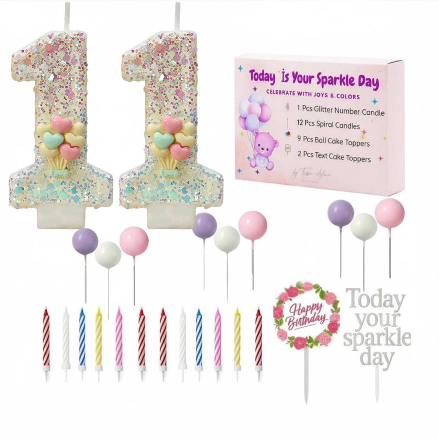 Birthday Candles Set for Cake – Number 11 Candle with 24 Piece Decoration Kit, Spiral Candles & Cake Toppers – Kids Birthday Party Supplies