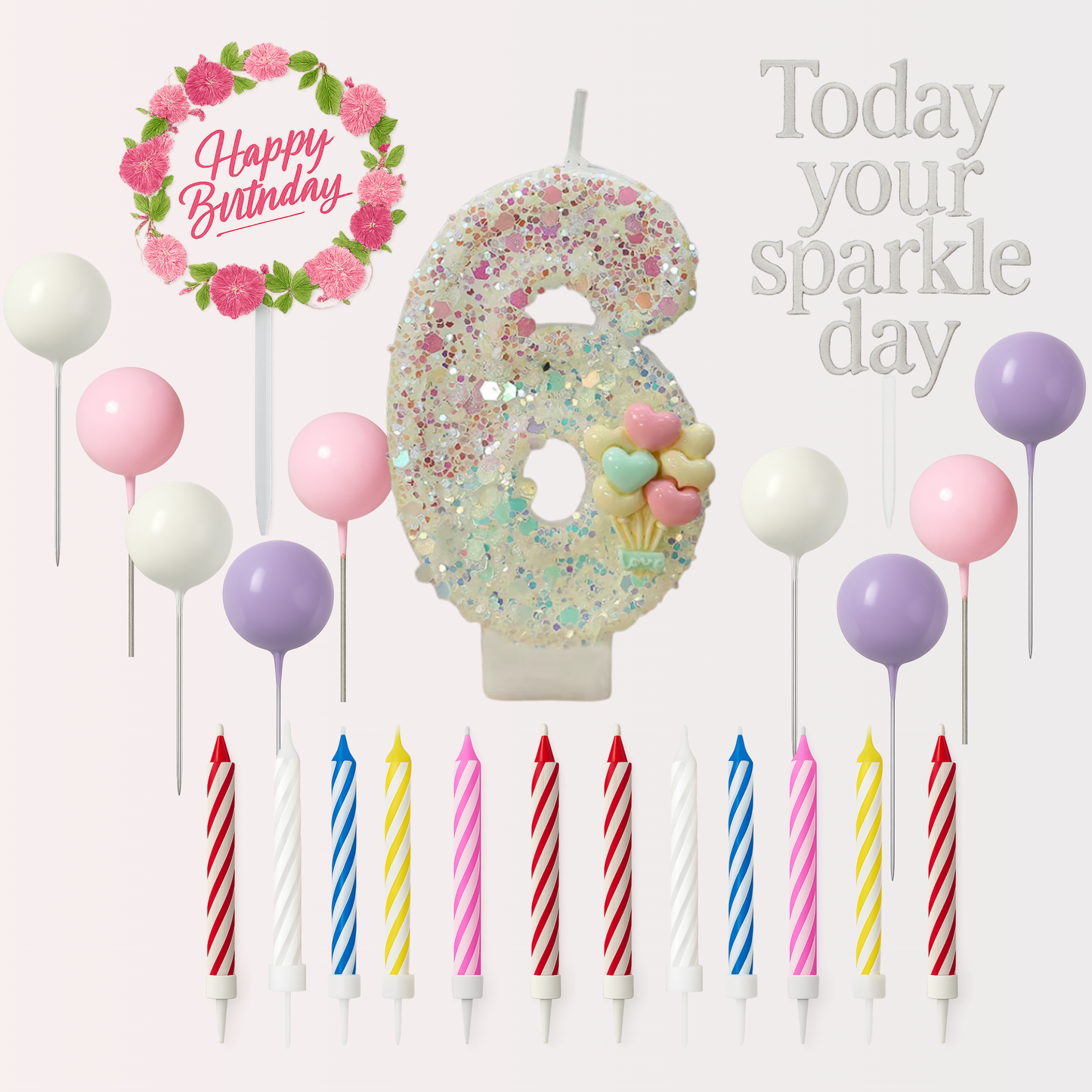 Birthday Candles Set for Cake – Number 6 Candle with 24 Piece Decoration Kit, Spiral Candles & Cake Toppers – Kids Birthday Party Supplies