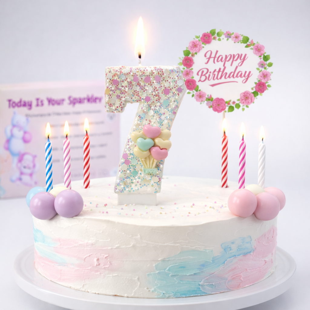 Birthday Candles Set for Cake – Number 7 Candle with 24 Piece Decoration Kit, Spiral Candles & Cake Toppers – Kids Birthday Party Supplies