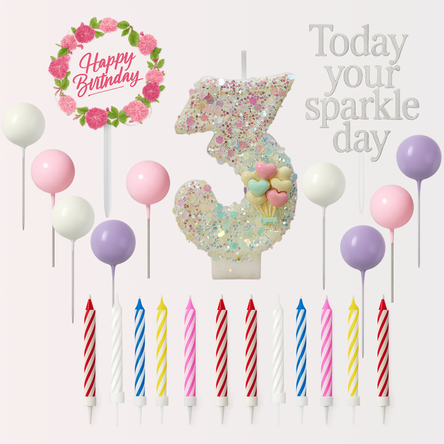 Birthday Candles Set for Cake – Number 3 Candle with 24 Piece Decoration Kit, Spiral Candles & Cake Toppers – Kids Birthday Party Supplies