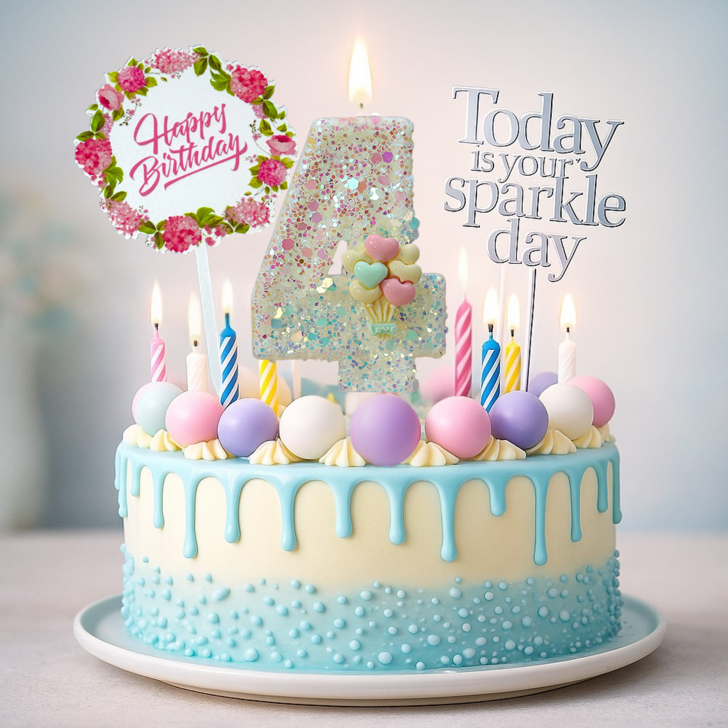 Birthday Candles Set for Cake – Number 4 Candle with 24 Piece Decoration Kit, Spiral Candles & Cake Toppers – Kids Birthday Party Supplies