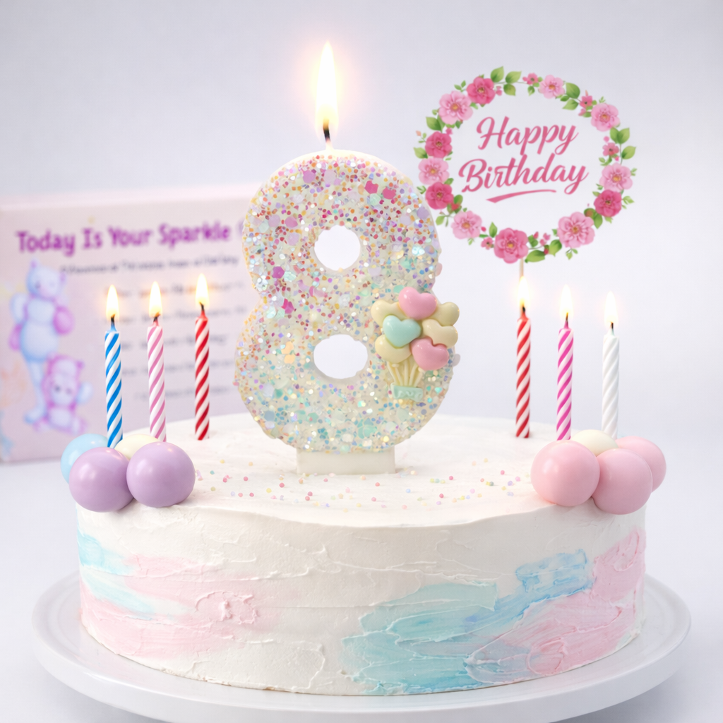 Birthday Candles Set for Cake – Number 8 Candle with 24 Piece Decoration Kit, Spiral Candles & Cake Toppers – Kids Birthday Party Supplies