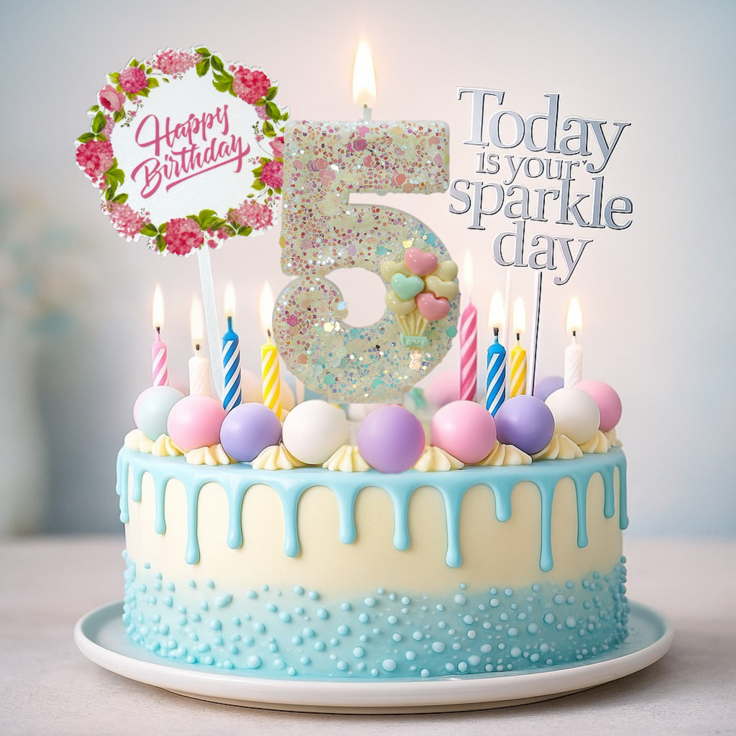 Birthday Candles Set for Cake – Number 5 Candle with 24 Piece Decoration Kit, Spiral Candles & Cake Toppers – Kids Birthday Party Supplies
