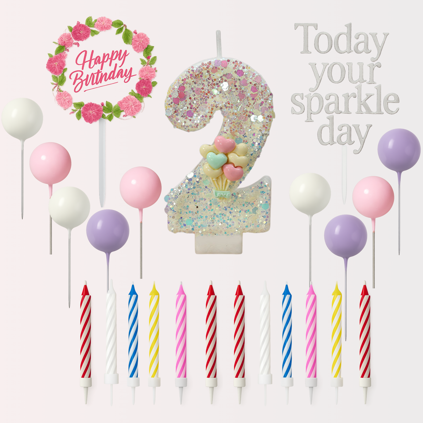 Birthday Candles Set for Cake – Number 2 Candle with 24 Piece Decoration Kit, Spiral Candles & Cake Toppers – Kids Birthday Party Supplies