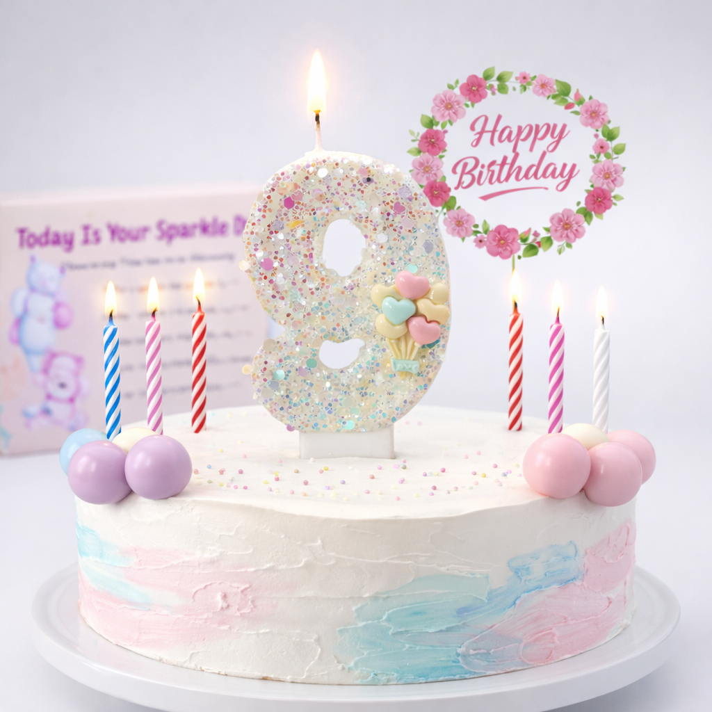 Birthday Candles Set for Cake – Number 9 Candle with 24 Piece Decoration Kit, Spiral Candles & Cake Toppers – Kids Birthday Party Supplies