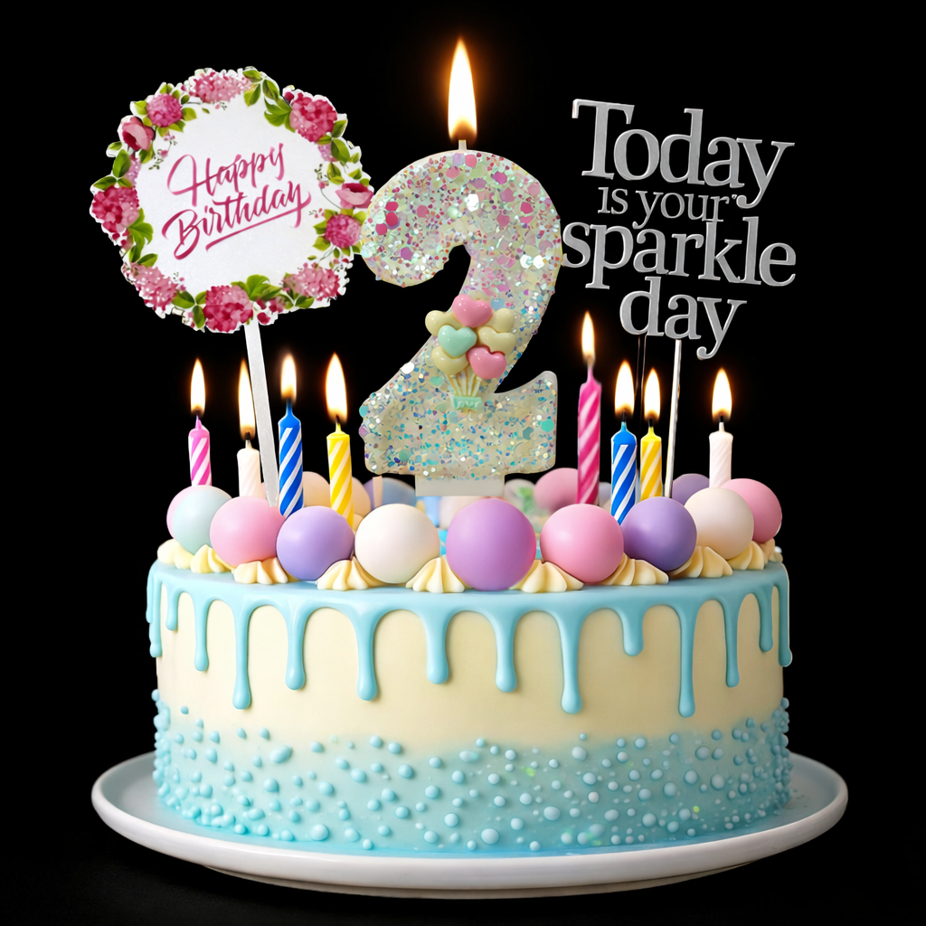 Birthday Candles Set for Cake – Number 2 Candle with 24 Piece Decoration Kit, Spiral Candles & Cake Toppers – Kids Birthday Party Supplies