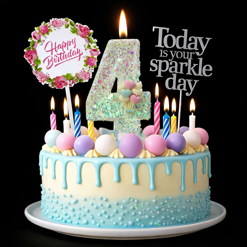 Birthday Candles Set for Cake – Number 4 Candle with 24 Piece Decoration Kit, Spiral Candles & Cake Toppers – Kids Birthday Party Supplies