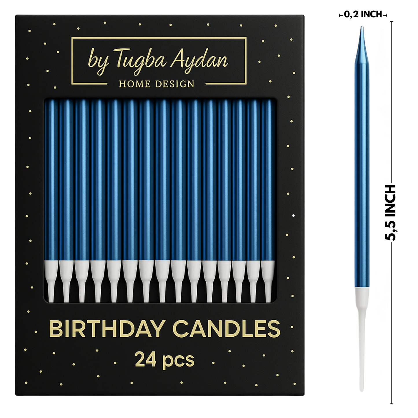 by Tugba Aydan - Blue Birthday Candles - 24 Count Long Thin Blue Birthday Candles, Metallic Cake Candle for Birthday, Party Candles