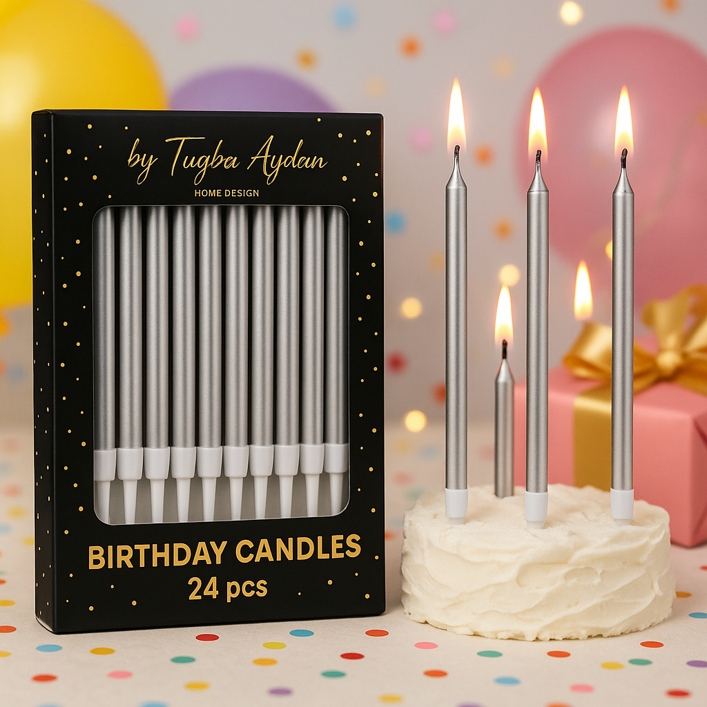 by Tugba Aydan - Silver Birthday Candles - 24 Count Long Thin Silver Birthday Candles for Cake, Metallic Cake Candle for Birthday, Party Candles