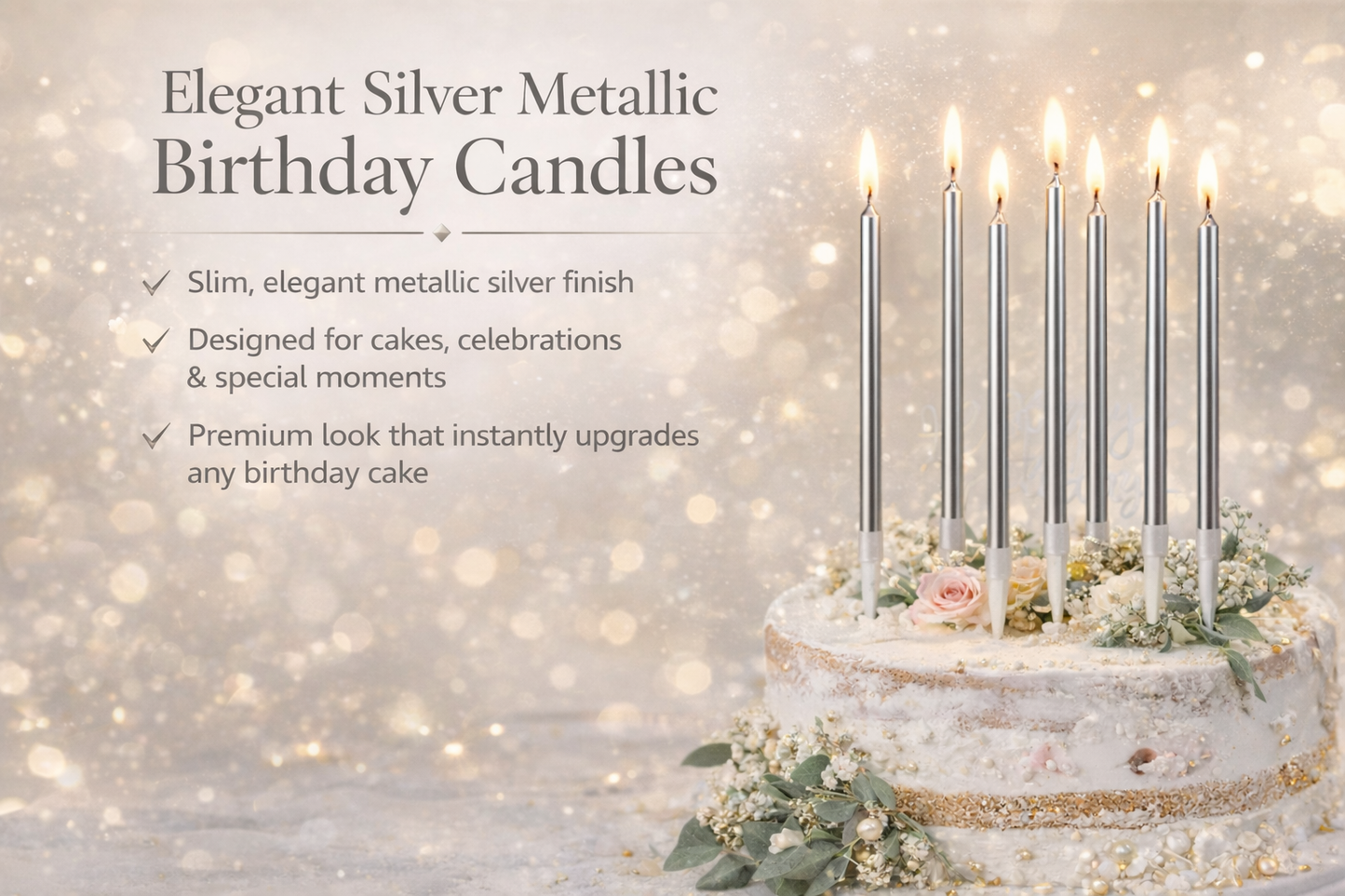 by Tugba Aydan - Silver Birthday Candles - 24 Count Long Thin Silver Birthday Candles for Cake, Metallic Cake Candle for Birthday, Party Candles