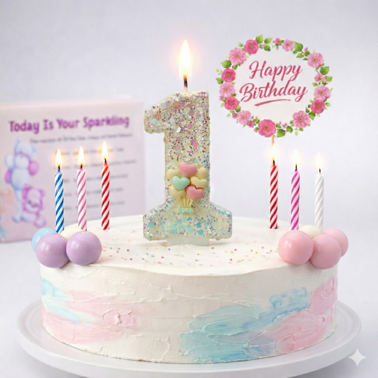 Birthday Candles Set for Cake – Number 1 Candle with 24 Piece Decoration Kit, Spiral Candles & Cake Toppers – Kids Birthday Party Supplies