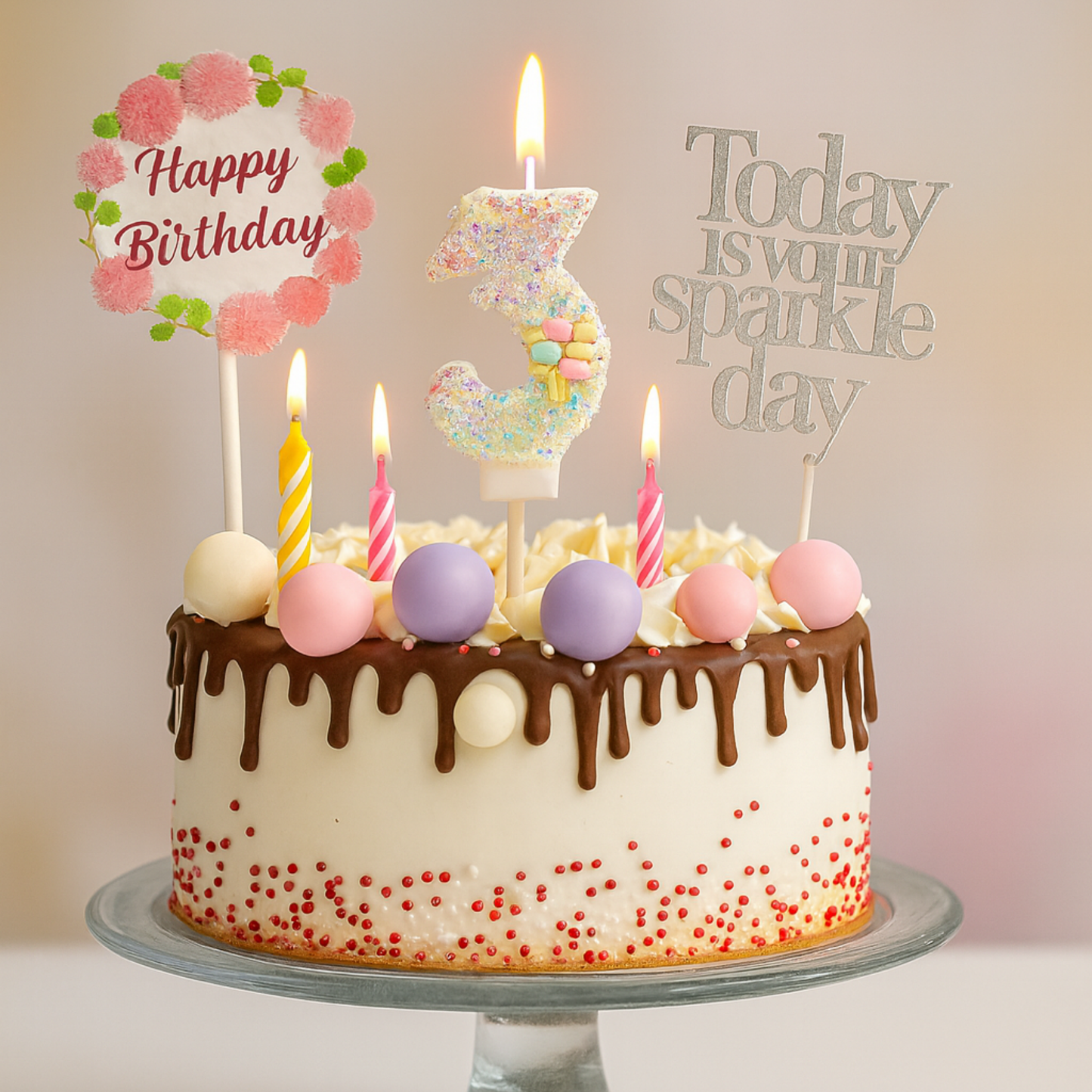 Birthday Candles Set for Cake – Number 3 Candle with 24 Piece Decoration Kit, Spiral Candles & Cake Toppers – Kids Birthday Party Supplies