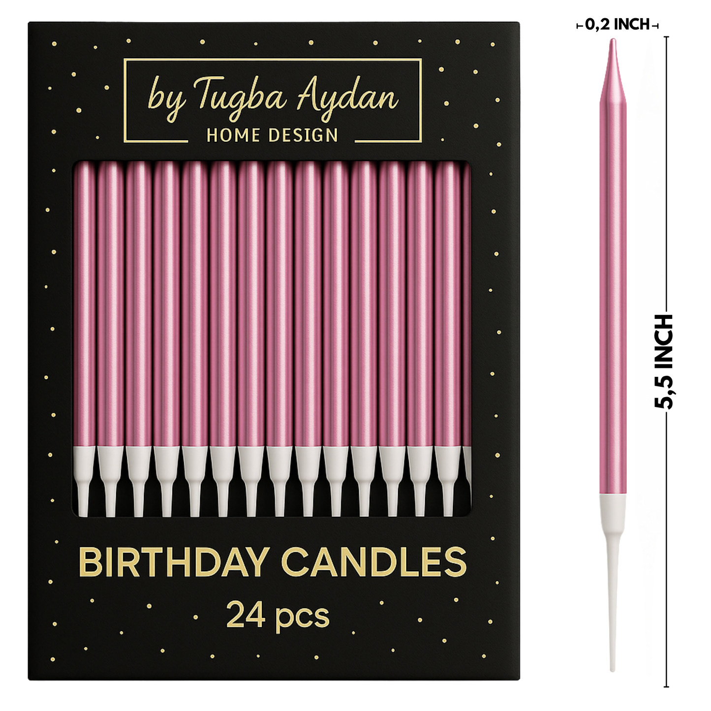 by Tugba Aydan - Pink Birthday Candles - 24 Count Long Thin Pink Birthday Candles For Cake, Metallic Cake Candle for Birthday, Party Candles