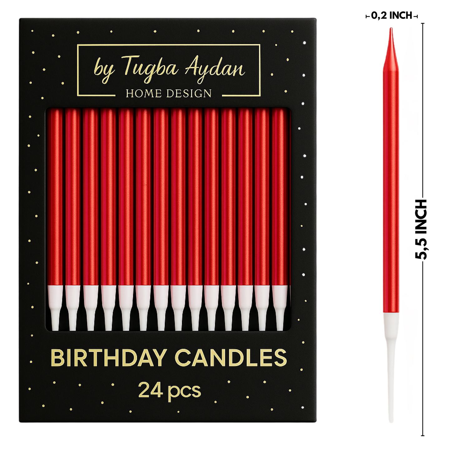 by Tugba Aydan - Red Birthday Candles - 24 Count Long Thin Red Birthday Candles for Cake, Metallic Cake Candle for Birthday, Party Candles