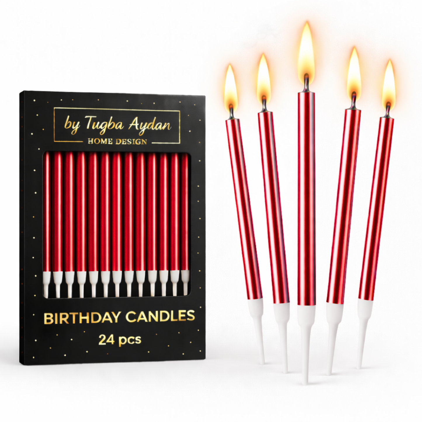 by Tugba Aydan - Red Birthday Candles - 24 Count Long Thin Red Birthday Candles for Cake, Metallic Cake Candle for Birthday, Party Candles