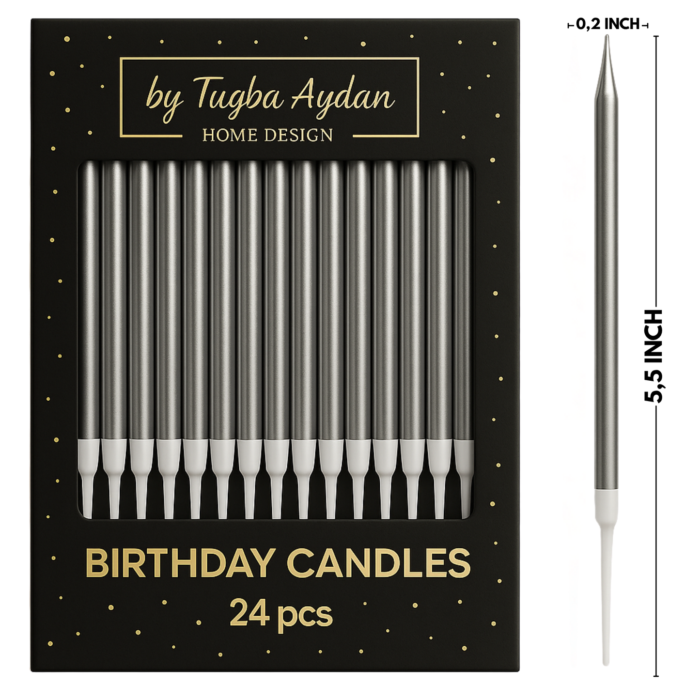 by Tugba Aydan - Silver Birthday Candles - 24 Count Long Thin Silver Birthday Candles for Cake, Metallic Cake Candle for Birthday, Party Candles