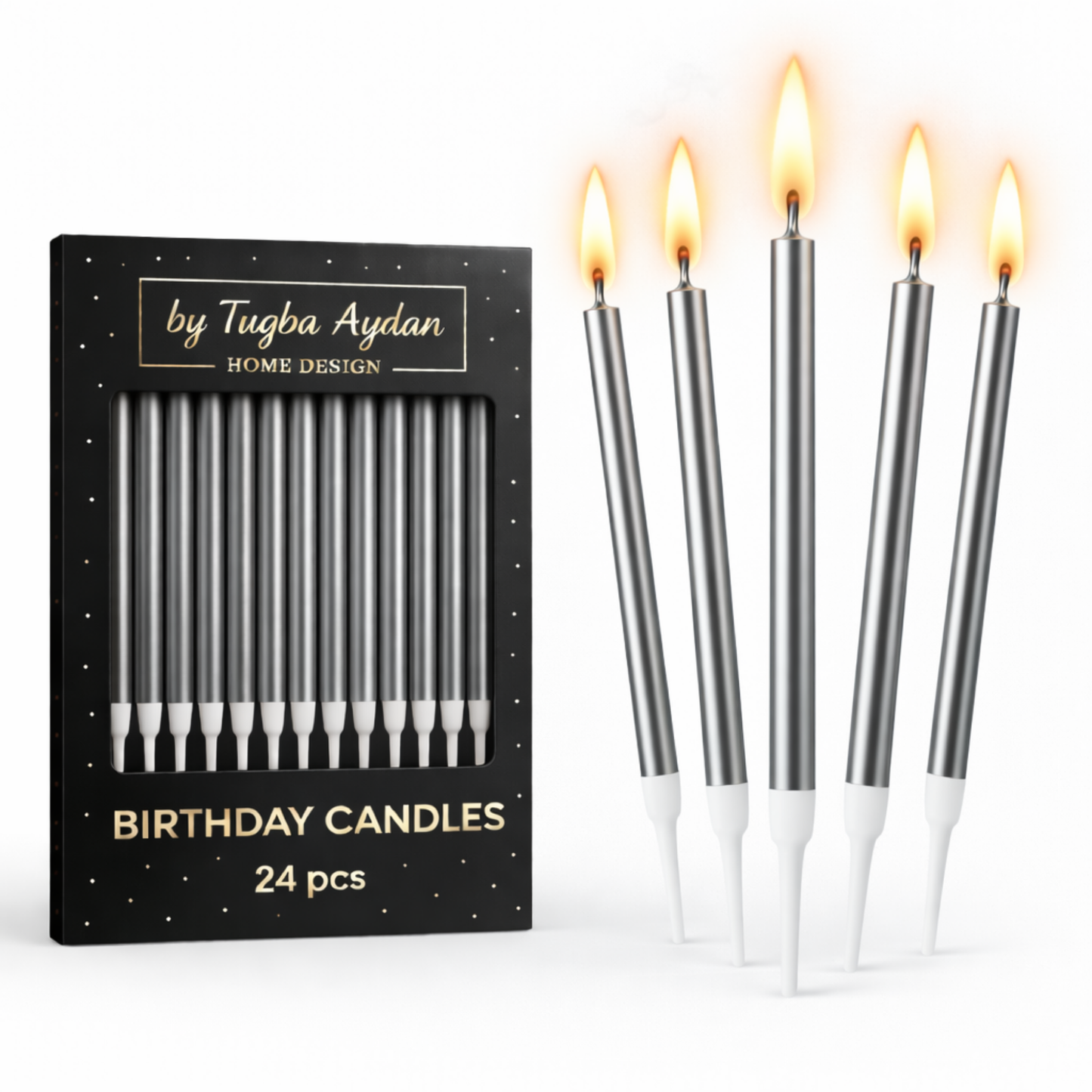 by Tugba Aydan - Silver Birthday Candles - 24 Count Long Thin Silver Birthday Candles for Cake, Metallic Cake Candle for Birthday, Party Candles