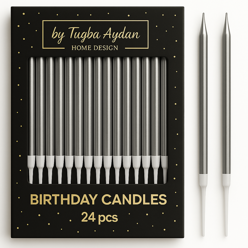 by Tugba Aydan - Silver Birthday Candles - 24 Count Long Thin Silver Birthday Candles for Cake, Metallic Cake Candle for Birthday, Party Candles