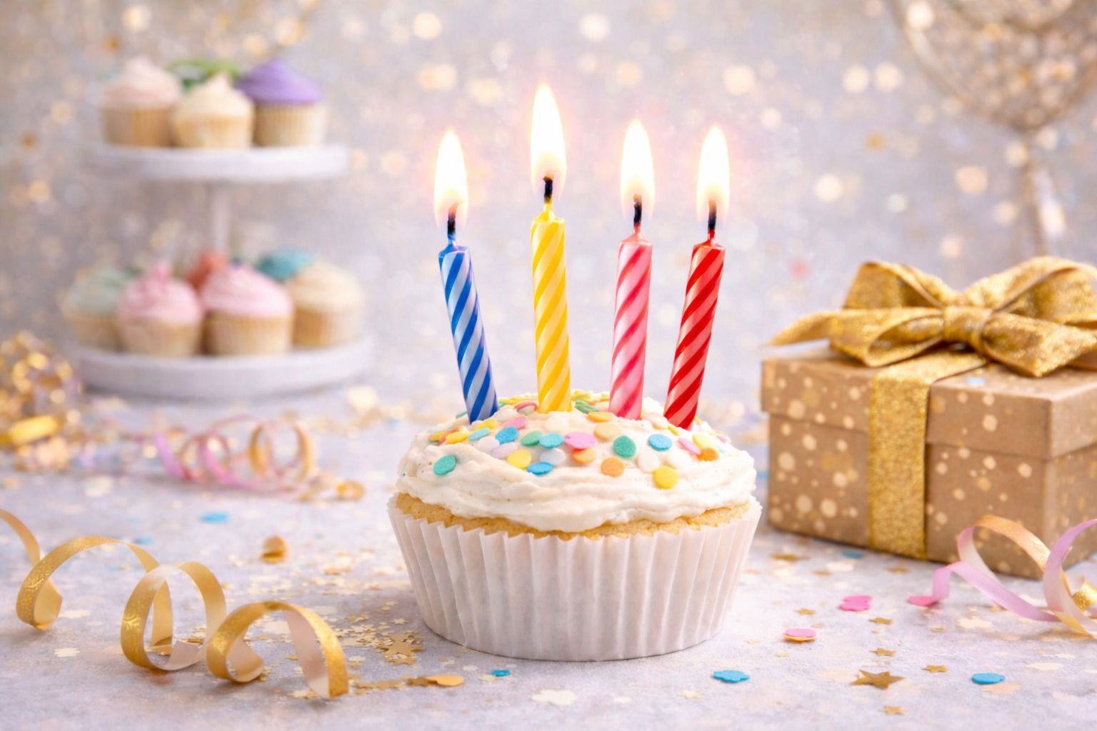 Spiral birthday candles on cupcake for birthday celebration