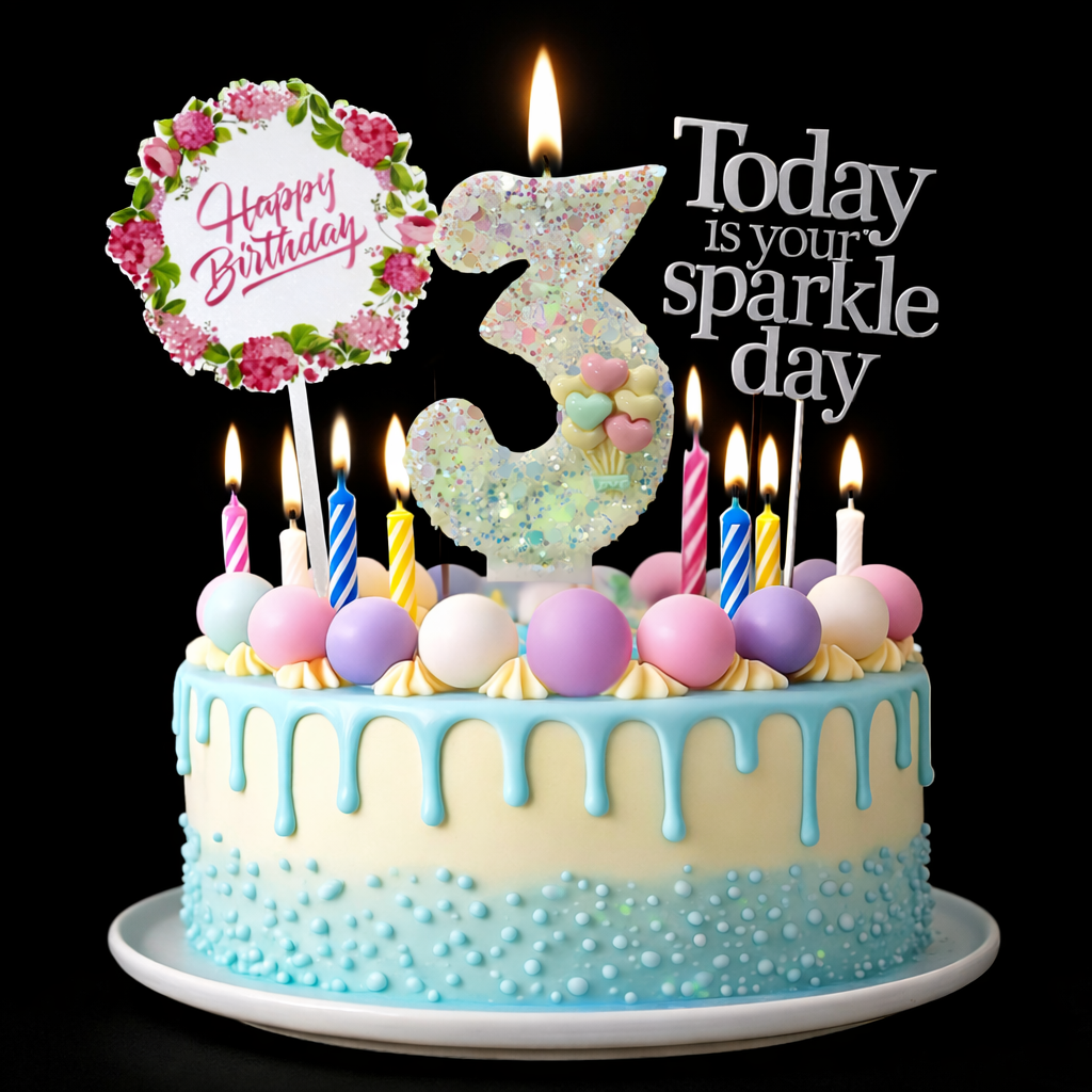 Birthday Candles Set for Cake – Number 3 Candle with 24 Piece Decoration Kit, Spiral Candles & Cake Toppers – Kids Birthday Party Supplies