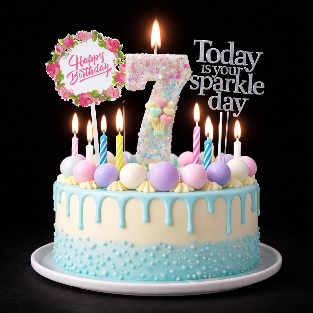 Birthday Candles Set for Cake – Number 7 Candle with 24 Piece Decoration Kit, Spiral Candles & Cake Toppers – Kids Birthday Party Supplies