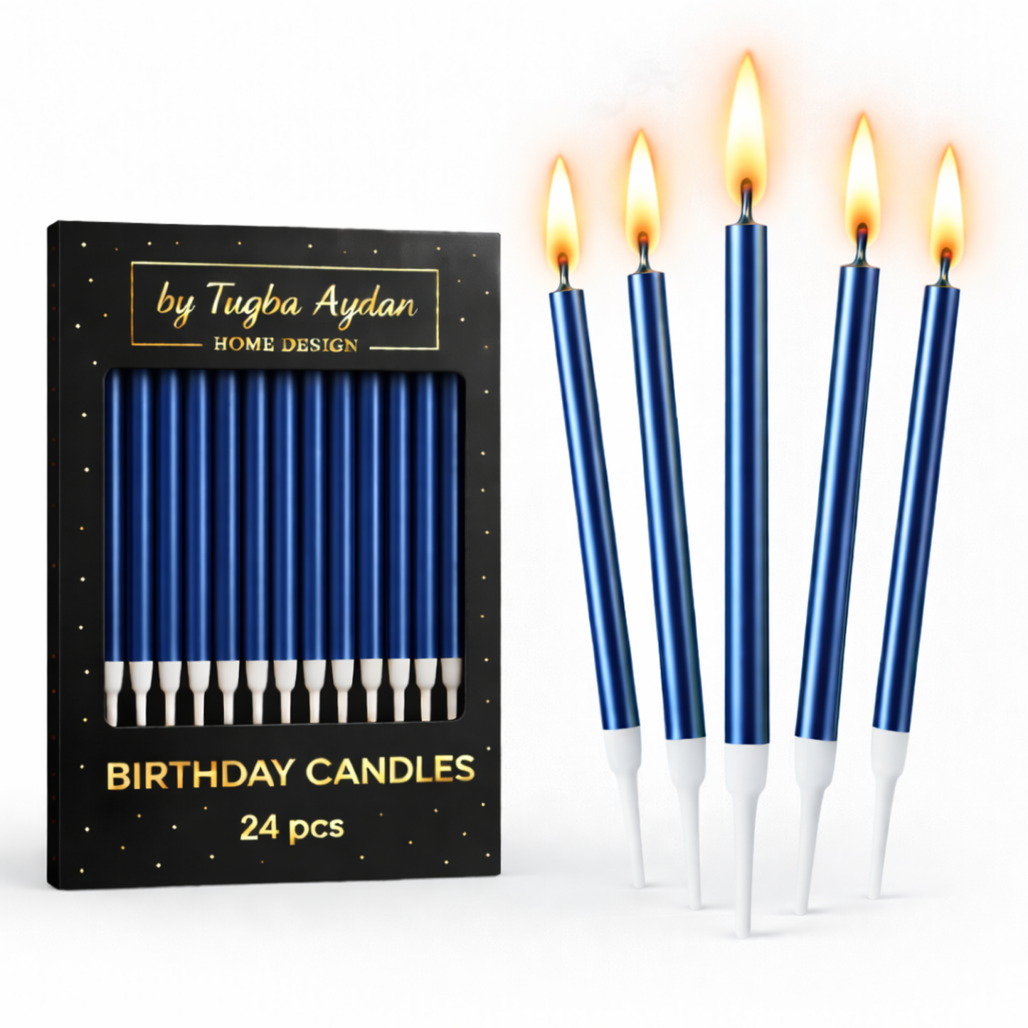 by Tugba Aydan - Blue Birthday Candles - 24 Count Long Thin Blue Birthday Candles, Metallic Cake Candle for Birthday, Party Candles