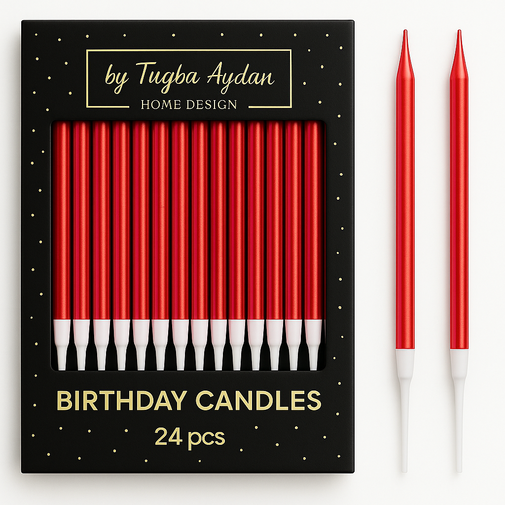 by Tugba Aydan - Red Birthday Candles - 24 Count Long Thin Red Birthday Candles for Cake, Metallic Cake Candle for Birthday, Party Candles
